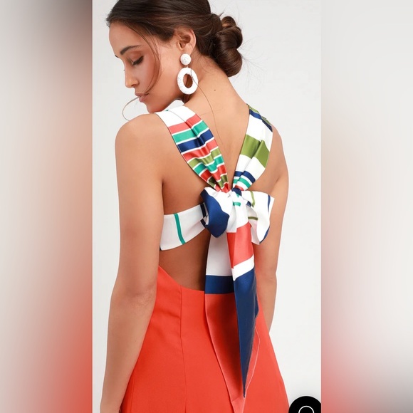 Brand new with tags Lulus Red Orange Multi Stripe Tie-Back Mini Dress - Picture 2 of 9